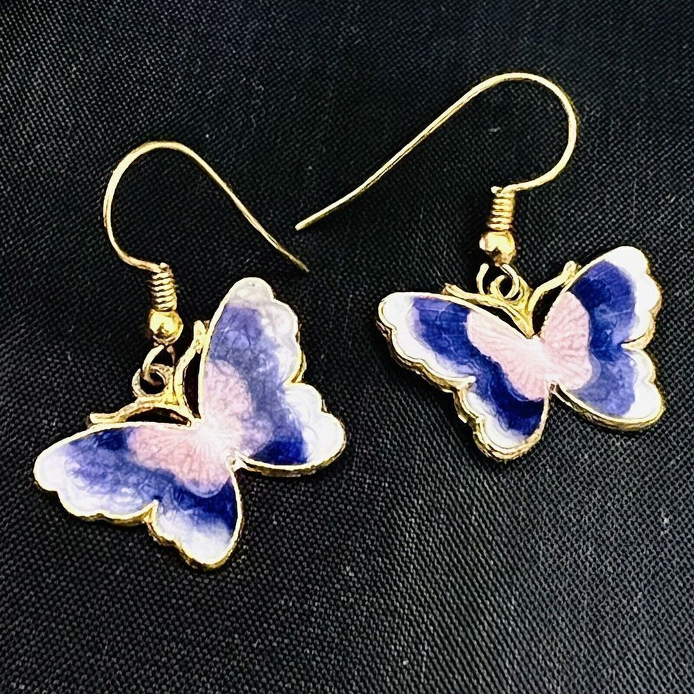 Vintage Cloisonne Enamel Butterfly Purple Pink Colorful Dangle Earrings 1341